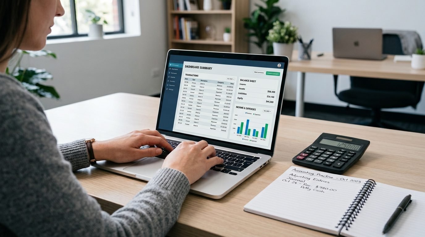 Learner using an accounting dashboard with transactions, a balance sheet and an income chart