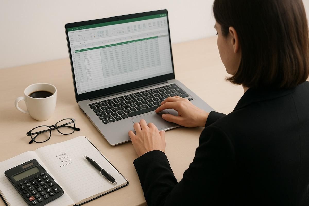 Professional working in a payroll spreadsheet on a laptop beside a notebook and calculator