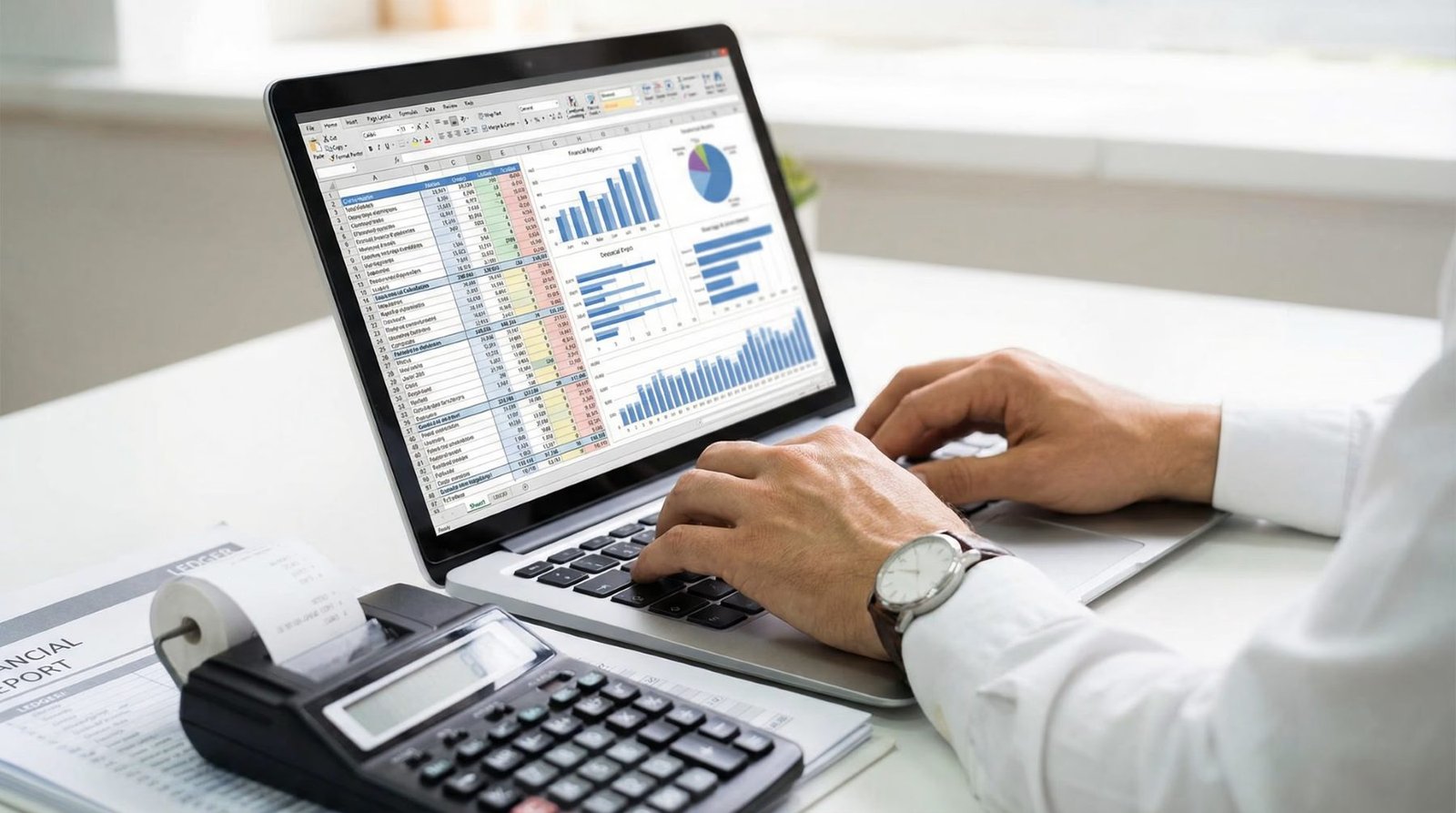 Hands on a laptop showing financial charts next to a printing calculator