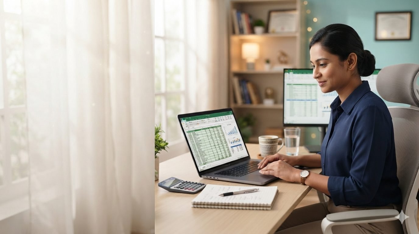 Learner studying an online accounting lesson at a bright home desk